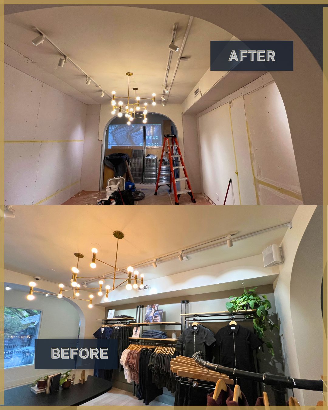 Before and after commercial downstairs renovation — drywall, lighting, and fixtures